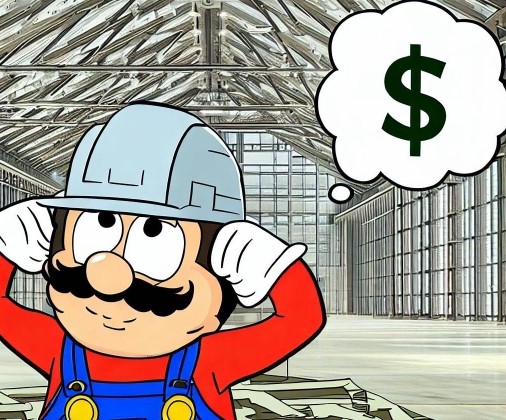 Eine gezeichnete Zeichentrickfigur, die Super Mario ähnelt, trägt einen Helm. Direkt vor der Figur steht ein großer offener Geldsack, aus dem Eurobanknoten herausschauen. Die Figur hat eine Denkblase über dem Kopf mit einem großen Fragezeichen darin. Im Hintergrund ist eine charmant gezeichnete Stahlhalle mit einem markanten Satteldach und einem imposanten Stahlgerüst zu erkennen.